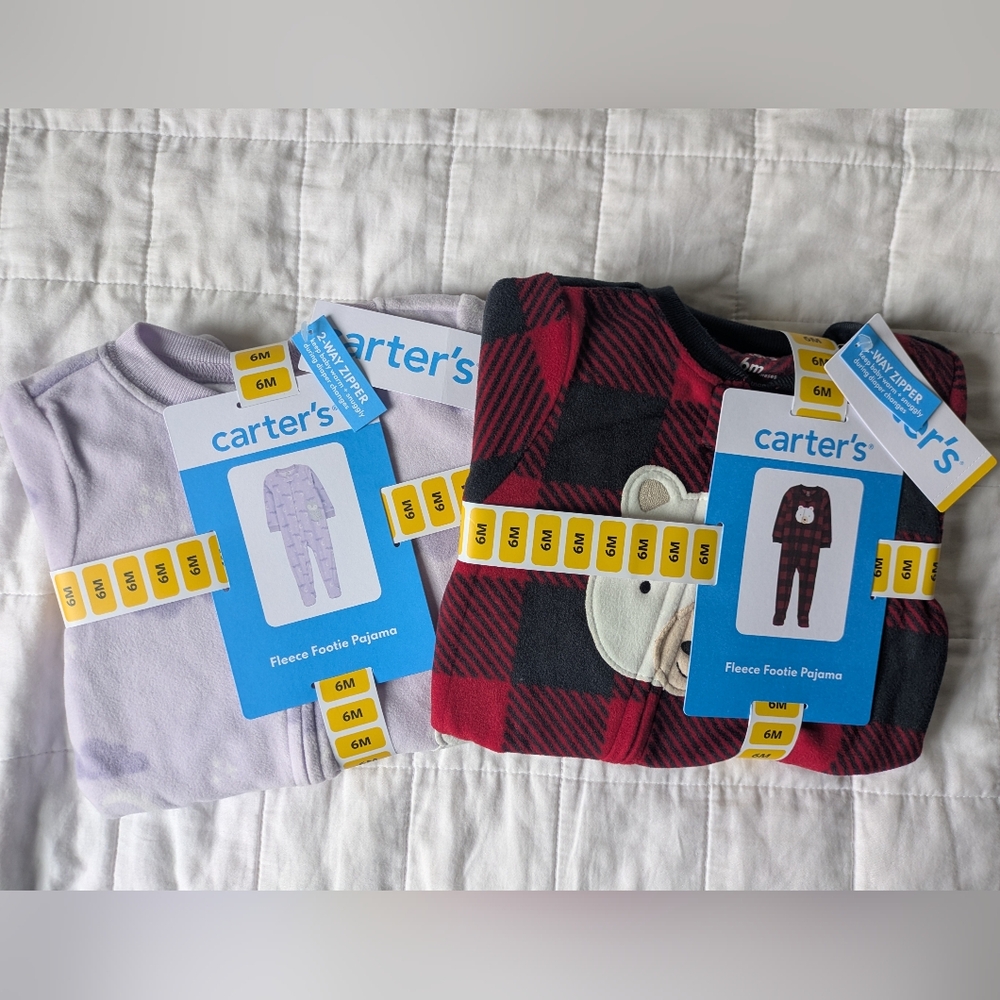 NWT Set of 2 - Carter's Fleece Red/Black Plaid And Lavender Footie Pajamas